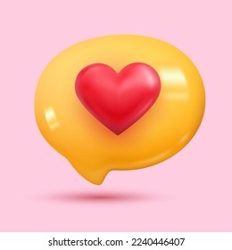 Yellow Love Chat with Red Heart Shape 3D Cartoon Style Render