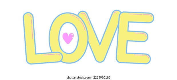 Yellow love word with blue stroke and pink heart.