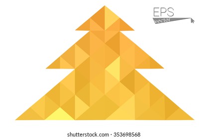 Yellow low polygon style christmas tree vector illustration consisting of triangles.Abstract triangular polygonal origami or crystal design of New Years celebration. Isolated on white background.