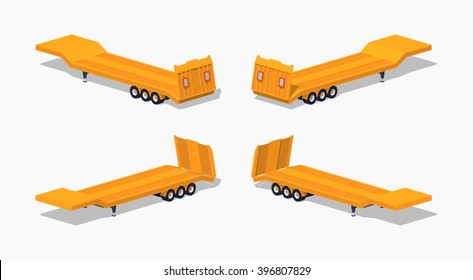 Yellow low-bed trailer. 3D lowpoly isometric vector illustration. The set of objects isolated against the white background and shown from different sides