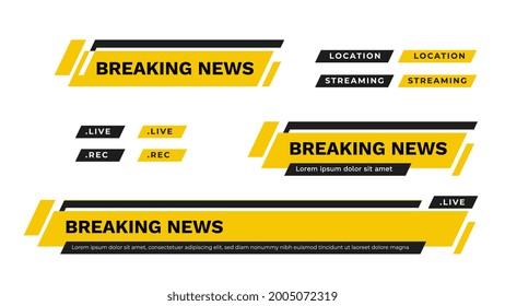 Yellow Lower Third TV News Bars Set Vector. News Alerts, Video Streaming. Breaking, Fake, Sports News. Interface Mark. The Template Mockup Is Editable And Ready For Your Designs. Vector Illustration.