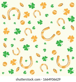 yellow lucky pattern made with horseshoe, clover and gold coin for st. patrick's day