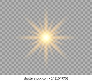 Yellow luminous sun with radial rays. A bright Golden flash of light. Vector Christmas design element isolated on a transparent background.