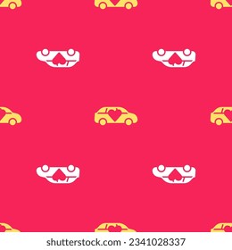 Yellow Luxury limousine car icon isolated seamless pattern on red background. For world premiere celebrities and guests poster.  Vector