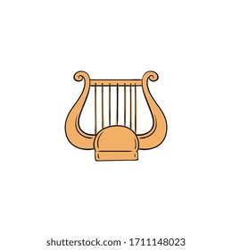 Icono de la lira amarilla - arpa como instrumento de música de cuerdas de la Antigua Grecia aislada en fondo blanco. Ilustración vectorial plana de instrumento musical griego antiguo.