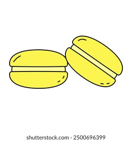 Yellow Macaron dessert or cookie filled with buttercream, doodle style vector illustration