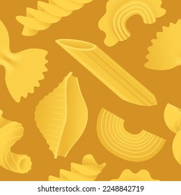 Un macarrón amarillo. Ilustración vectorial sin fisuras con macarrones italianos planos secos de varios tipos, pasta, fusilli, conchiglio, rigatoni, farfalle, pene aislado en fondo amarillo