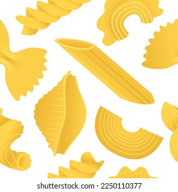 Yellow macaroni set. Vector illustration seamless pattern with flat dry Italian macaroni of various kinds, pasta, fusilli, conchiglio, rigatoni, farfalle, penne isolated on white background