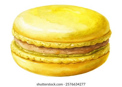 Yellow macaroon dessert, watercolor illustration, sweet pastry art, gourmet food styling, vibrant colors, culinary design.