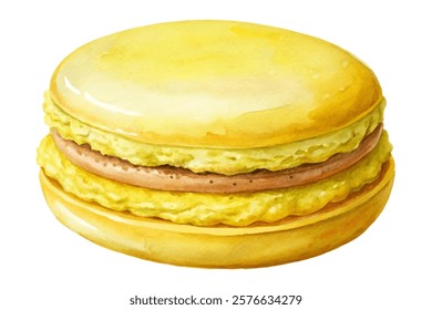 Yellow macaroon dessert, watercolor illustration, sweet treat, gourmet pastry, food art, bakery design.