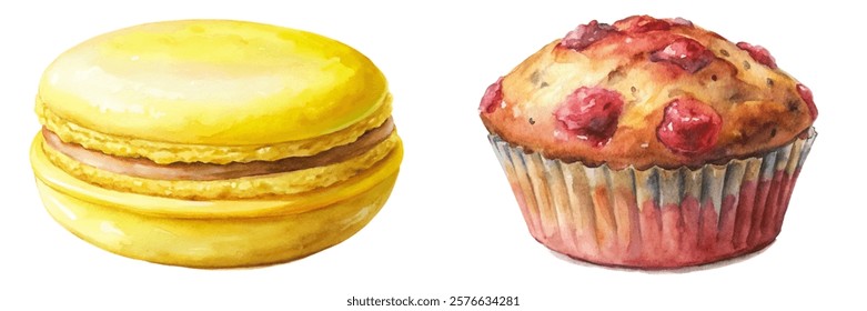 Yellow macaroon, fresh muffin, watercolor illustration, dessert art, sweet treats, bakery design, food styling.