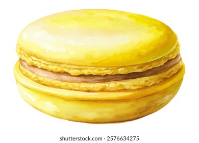 Yellow macaroon, watercolor style, dessert illustration, sweet treat, gourmet pastry, food art, culinary design.