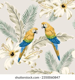 Yellow macaw parrots, hibiscus flowers, palm leaves, light background. Vector floral seamless pattern. Tropical illustration. Exotic plants, birds. Summer beach design. Paradise nature