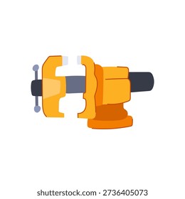 Yellow machine vice holding equipment for various handiwork, carpentry, metalworking, and mechanical projects in workshop, garage, and industrial settings