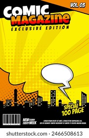 yellow magazine cover background template with city scape illustration cartoon style