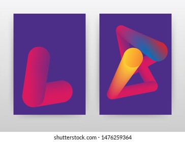 Yellow magenta abstract 3D lines on purple design for annual report, brochure, flyer, leaflet, poster. Yellow isometric lines on purple background. Abstract A4 brochure template. Vector illustration.