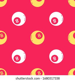 Yellow Magic ball of predictions for decision-making icon isolated seamless pattern on red background. Crystal ball.  Vector Illustration