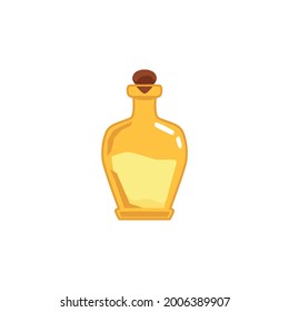 Botella de poción mágica amarilla, frasco de dibujos animados medio lleno de líquido misterioso aislado sobre fondo blanco. Ilustración vectorial del vial de elixir o de la bebida cortada.