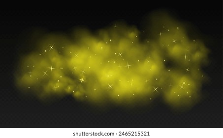 Yellow magic smoke with stars and sparkles, fog with glowing particles, colorful vapor with star dust. Fantasy haze overlay. Vector illustration.