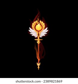 Yellow magic staff with white wings flat style, vector illustration isolate don black background. Decorative design element for online games, weapon for wizard