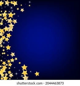 Yellow Magic Stars Vector Blue Background. Bright Sparkle Background. Sky Illustration. Gold Glamour Universe Design.