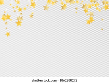 Fondo transparente de las estrellas mágicas amarillas vectoriales. Ilustración del cielo de fiesta. Borde de brillo. Papel de fondo de pantalla del Universo Golden Abstract.