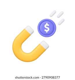 Yellow magnet attracting a purple dollar coin. Customer acquisition, financial opportunities, investment growth, lead generation and money attraction concept. 3d vector icon. Cartoon minimal style.