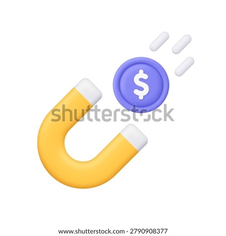 Yellow magnet attracting a purple dollar coin. Customer acquisition, financial opportunities, investment growth, lead generation and money attraction concept. 3d vector icon. Cartoon minimal style.