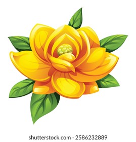 Yellow magnolia flower in bloom with leaves. Vector illustration isolated on white background