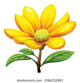 Yellow magnolia flower in bloom with open petals and leaves. Vector cartoon illustration