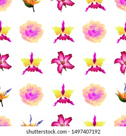 Yellow Magnolia. Pink Orchid. Pink Adenium. Orange Strelitzia. Vector illustration. Seamless background pattern. Floral botanical flower. Wild leaf wildflower isolated. Exotic tropical hawaiian.