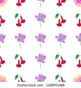 Yellow Magnolia. Red Angel Trumpet. Purple Lotus. Vector illustration. Seamless background pattern. Floral botanical flower. Wild leaf wildflower isolated. Exotic tropical hawaiian jungle. Fabric.