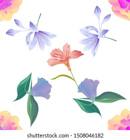 Yellow Magnolia. Violet Agapanthus Lily. Purple Bllflower. Pink Amaryllis. Vector illustration. Seamless background pattern. Floral botanical flower. Wild leaf wildflower isolated. Exotic tropical.