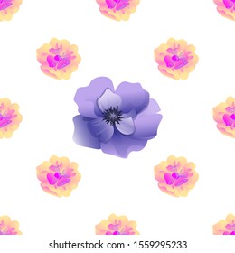 Yellow Magnolia. Violet Anemone. Vector illustration. Seamless background pattern. Floral botanical flower. Wild leaf wildflower isolated. Exotic tropical hawaiian jungle. Fabric wallpaper print.