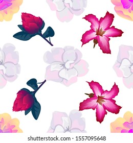 Yellow Magnolia. White Camellia. Red Vriesea. Pink Adenium. Vector illustration. Seamless background pattern. Floral botanical flower. Wild leaf wildflower isolated. Exotic tropical hawaiian jungle.