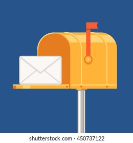 Yellow mail box open with an envelope. Vector flat illustration on blue background