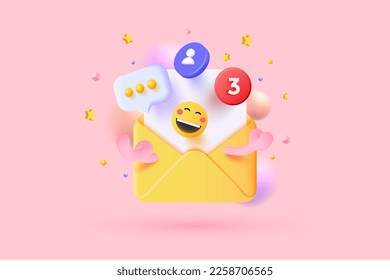 Yellow mail envelope with floating red marker, message box, emoticon message on pink background. Email notification. Minimal design. 3D Vector illustration