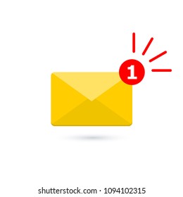 Yellow mail envelope icon. Mail notification with red marker One Message. Delivery of messages, sms.
Vector illustration in flat style.