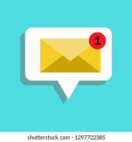 yellow mail envelope icon. Mail notification with red marker One Message.  Vector illustration in flat style