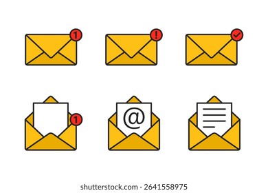 Yellow Mail Envelope Icons Set – Notification, Email Symbol, and Message Alert Icons