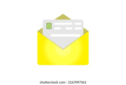 Yellow mail envelope isolated icon in flat design with letter inside. Newsletter mail. Spam. Email postage notification illustration. Document mail letter.  Stock Vector EPS 10.