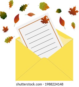 Yellow mail envelope. Letter with autumn leaves design. Vector illustration isolated on white background. For the design of cards, invitations, flyers and prints, covers and illustrations.