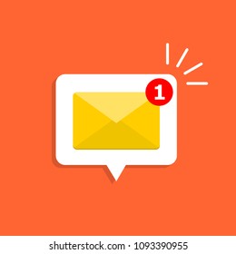 Yellow mail envelope on white bubble. Mail notification with red marker One Message. Delivery of messages, sms.
Vector illustration in flat style.