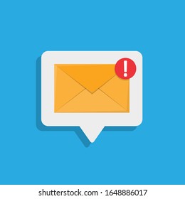 
Yellow mail envelope on a white bubble. Mail notification with a red exclamation mark. Stock vector illustration in flat style.