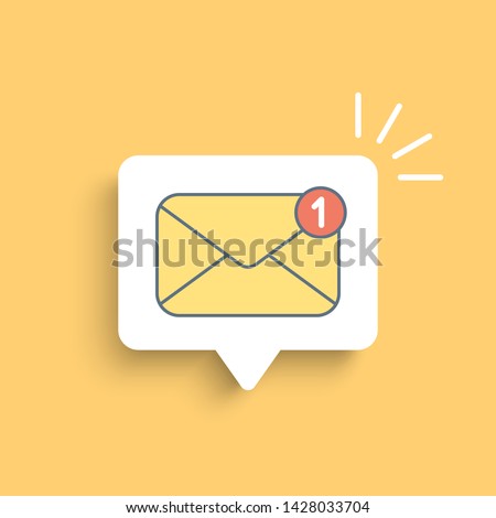 Yellow mail envelope on white bubble. Mail notification with red marker One Message. Delivery of messages, sms.
Vector illustration in flat style.