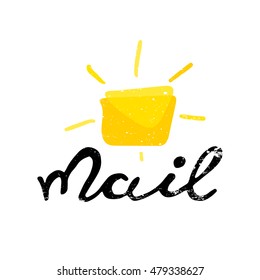Yellow mail icon isolated on white background.  Word "mail", calligraphy,  font. Vector, illustration, flat.
