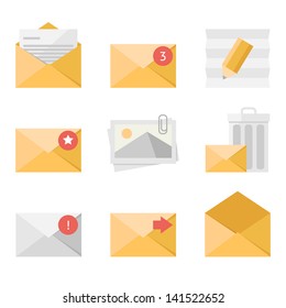 Yellow mail icon set in flat design style