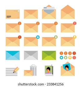 Yellow mail icon set in flat design style