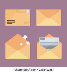 Yellow mail icon set in flat design style