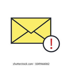 Yellow mail icon with warning sign. Message icon. Flat design style. Vector illustration, eps 10